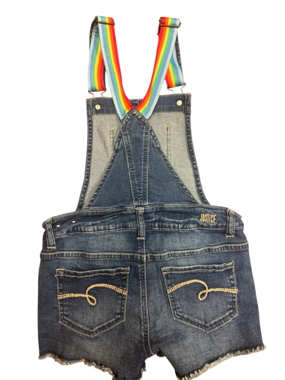 Justice Girls Denim Shortalls Rainbow Straps Size XS Distressed Hem Like New